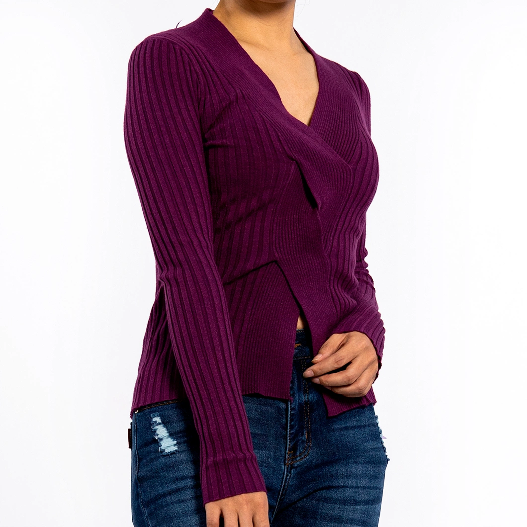 Women′s V-Neck Waist Open Cross Pit Stripes Long Sleeve Pullover Cropped Sweater Knitwear